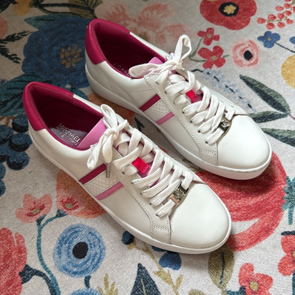 Michael Kors Irving Stripe sneaker shoe white pink silver lace-up school casual - Picture 2 of 7